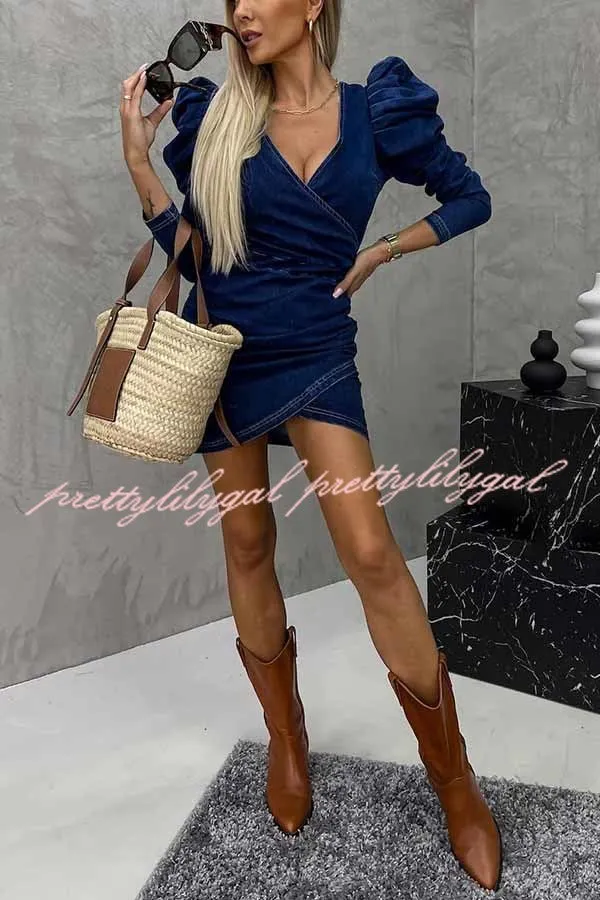 All The Best Denim Puff Sleeve Ruched Stretch Mini Dress