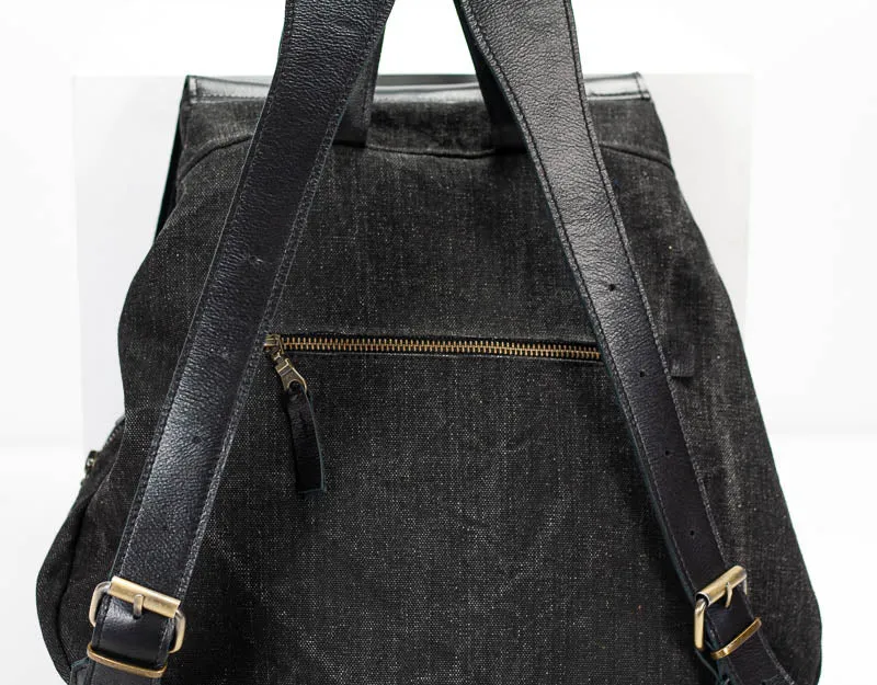 Artemis backpack - Black washed canvas and Black leather