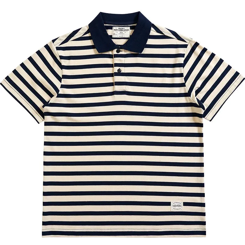 Ashore Shop Summer New American Retro  Short Sleeve Sailor Striped Polo Shirt Men's  100% Cotton Washed Heavyweight