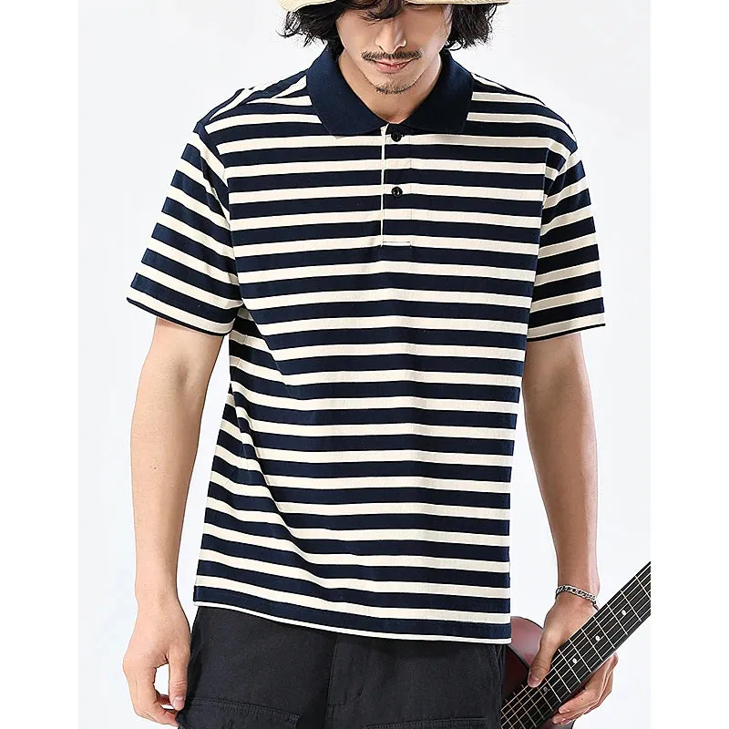 Ashore Shop Summer New American Retro  Short Sleeve Sailor Striped Polo Shirt Men's  100% Cotton Washed Heavyweight