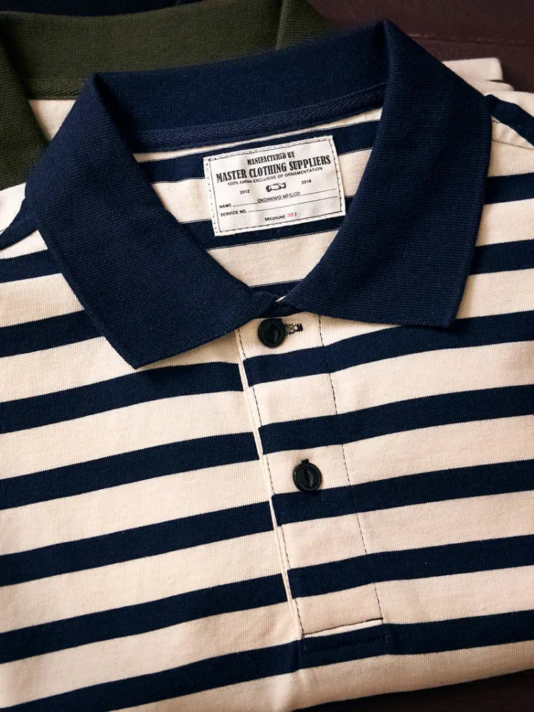 Ashore Shop Summer New American Retro  Short Sleeve Sailor Striped Polo Shirt Men's  100% Cotton Washed Heavyweight