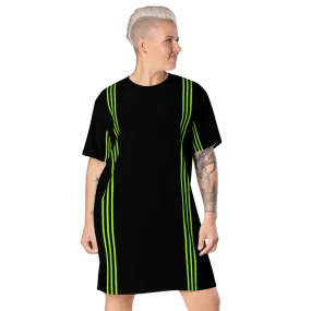 Black Green Striped T-Shirt Dress, Neon Green Stripes Women's Oversized Dress-Made in USA/EU