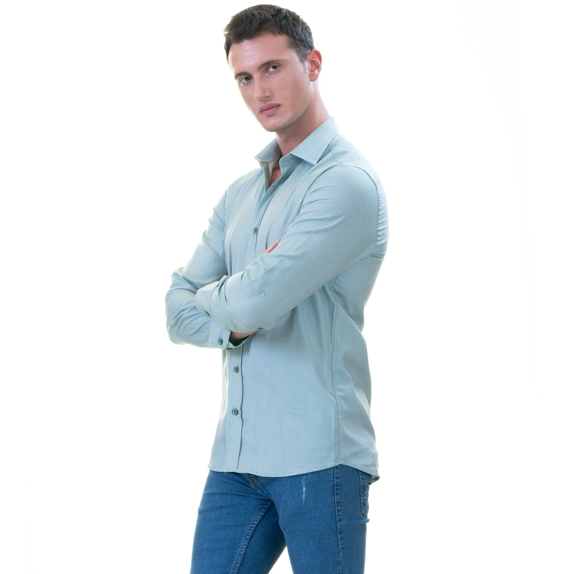 Blue Luxury Men's Tailor Fit Button Up European Made Linen Shirts