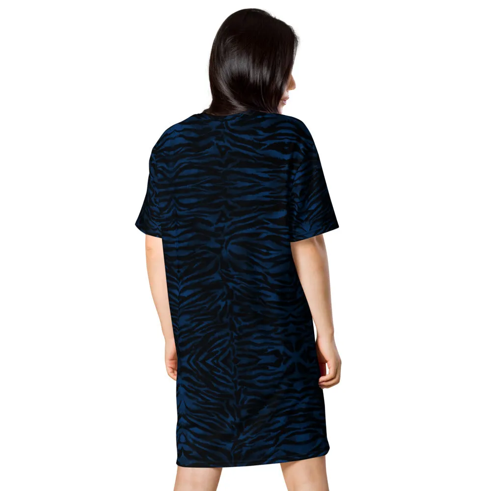 Blue Tiger Striped T-shirt Dress, Animal Print Women's Short Sleeves Dress - Made in USA/EU/MX