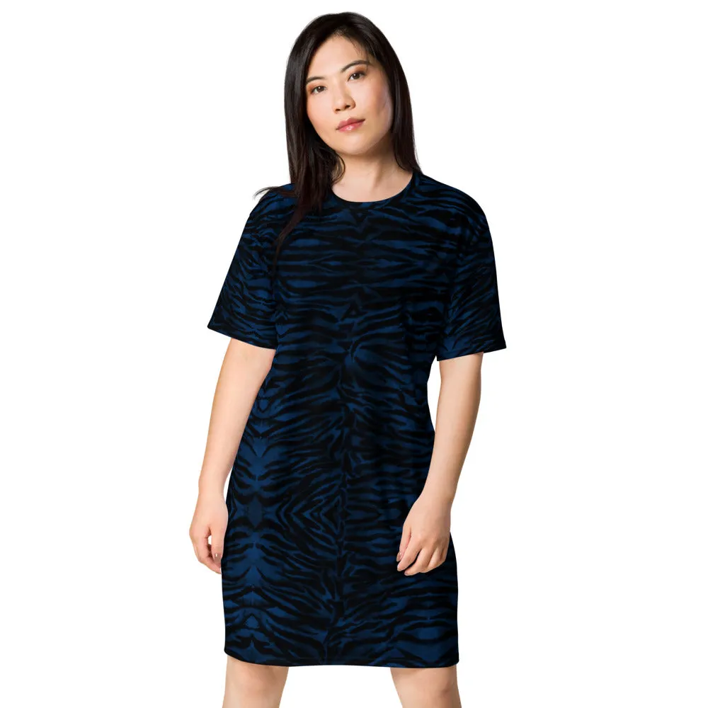 Blue Tiger Striped T-shirt Dress, Animal Print Women's Short Sleeves Dress - Made in USA/EU/MX