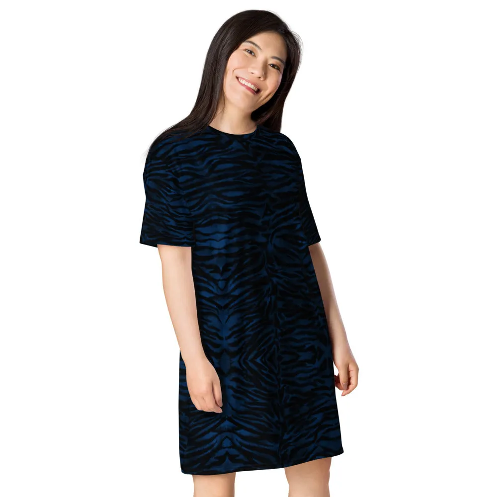 Blue Tiger Striped T-shirt Dress, Animal Print Women's Short Sleeves Dress - Made in USA/EU/MX