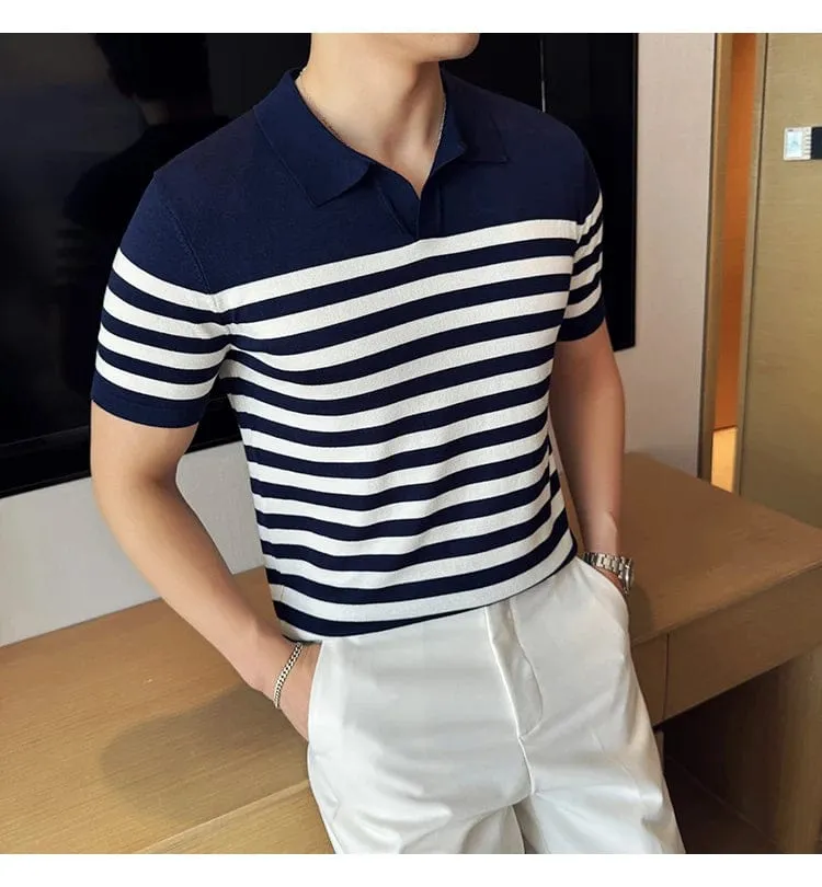 British Men's Slim Fit Polo T-shirt with Contrasting Stripes - Summer Knit Casual Lapel Style