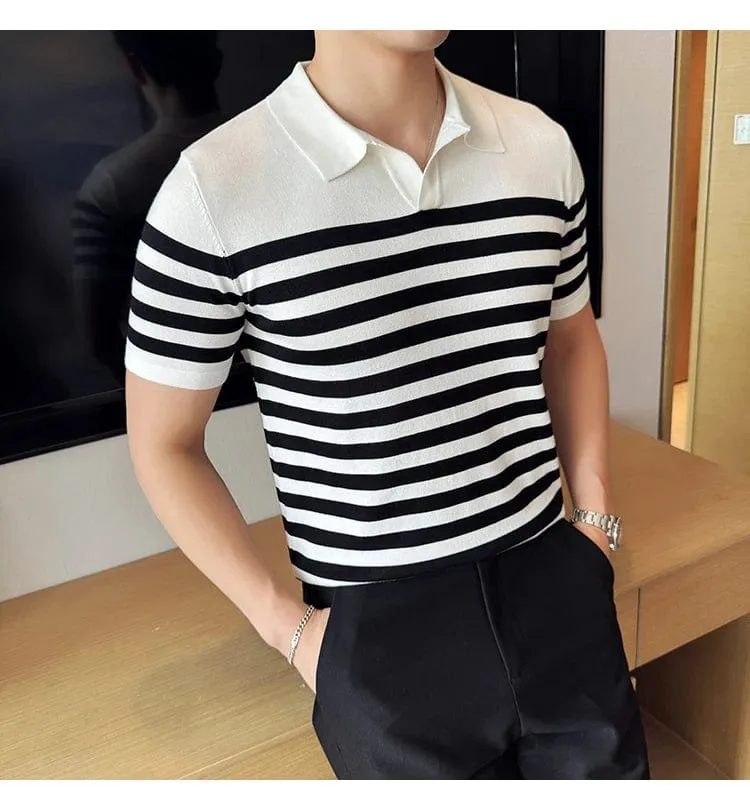 British Men's Slim Fit Polo T-shirt with Contrasting Stripes - Summer Knit Casual Lapel Style