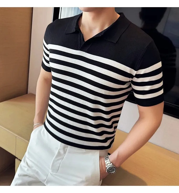 British Men's Slim Fit Polo T-shirt with Contrasting Stripes - Summer Knit Casual Lapel Style