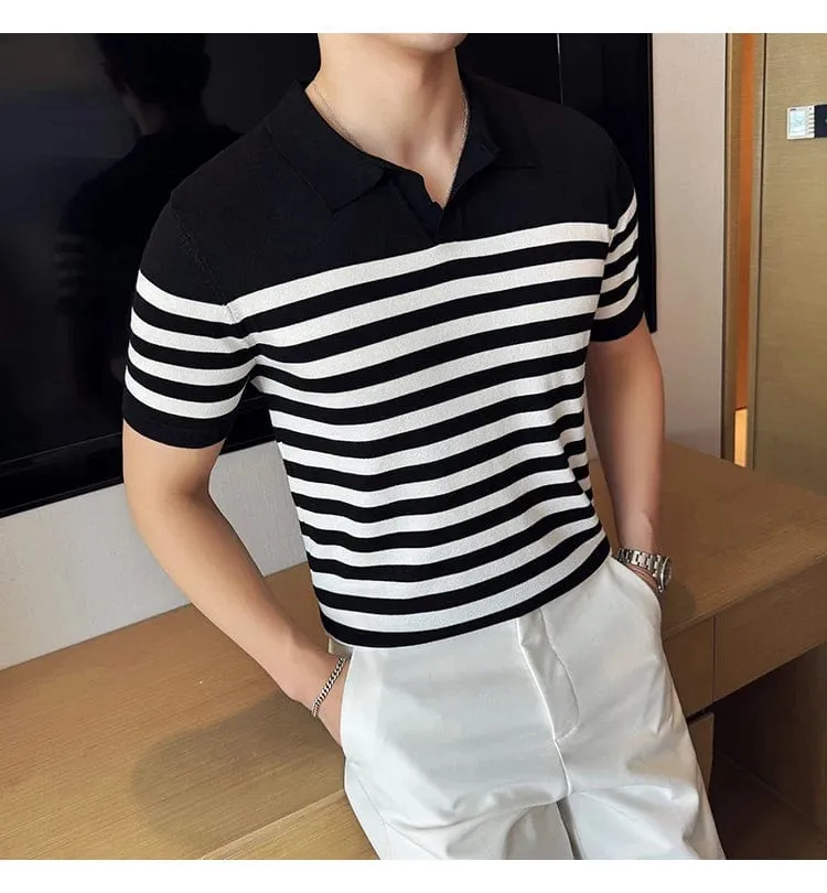 British Men's Slim Fit Polo T-shirt with Contrasting Stripes - Summer Knit Casual Lapel Style