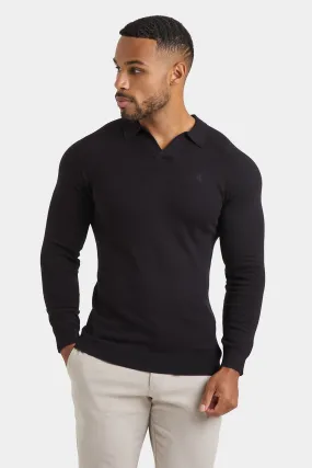 Buttonless Open Collar Knitted Polo Shirt in Black