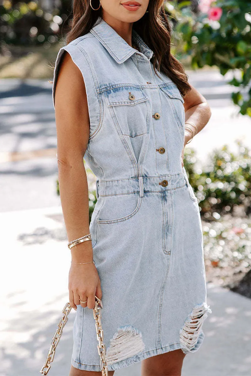 Casual Solid Pocket Buckle Turndown Collar Sleeveless Regular Denim Dresses