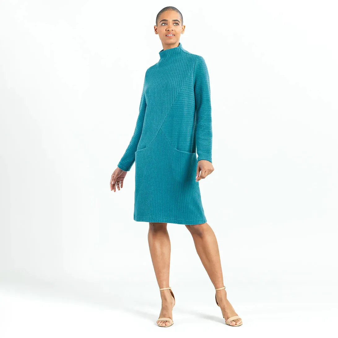 Clara Sunwoo - Ribbed Knit Funnel Neck Tunic Dress - Teal Blue