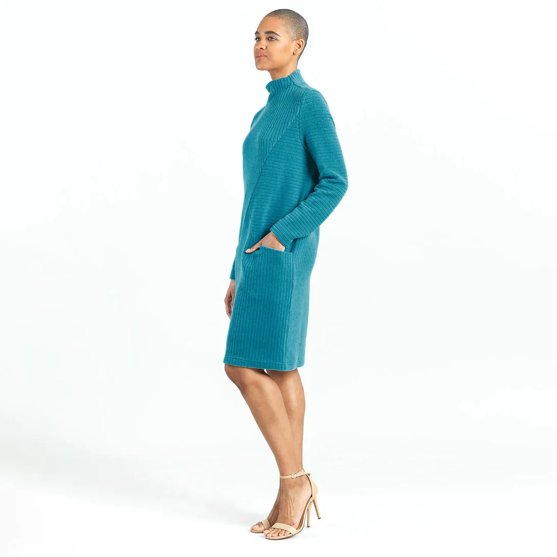 Clara Sunwoo - Ribbed Knit Funnel Neck Tunic Dress - Teal Blue