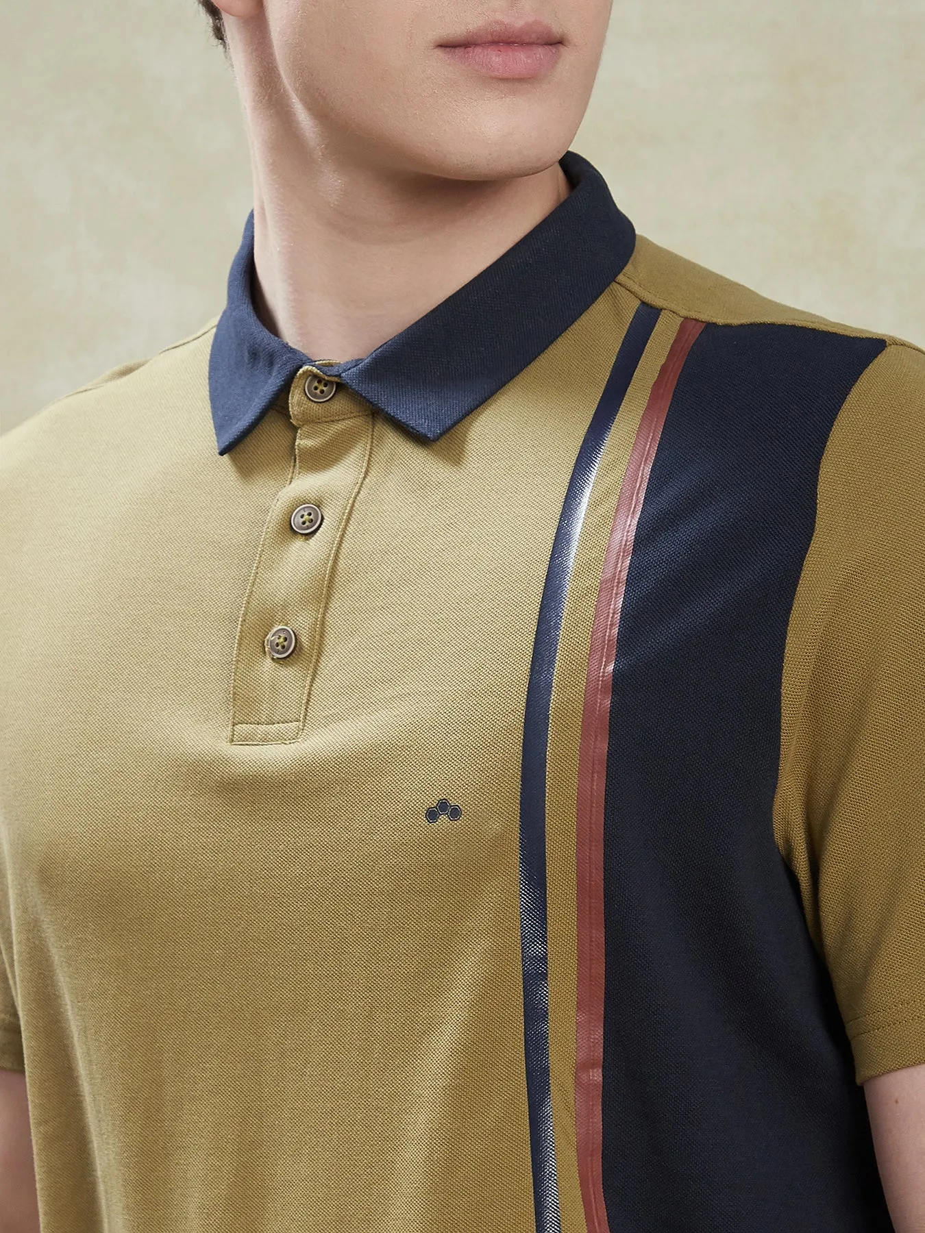 Cotton Stretch khaki POLO Half Sleeve Striped Casual Mens T Shirt