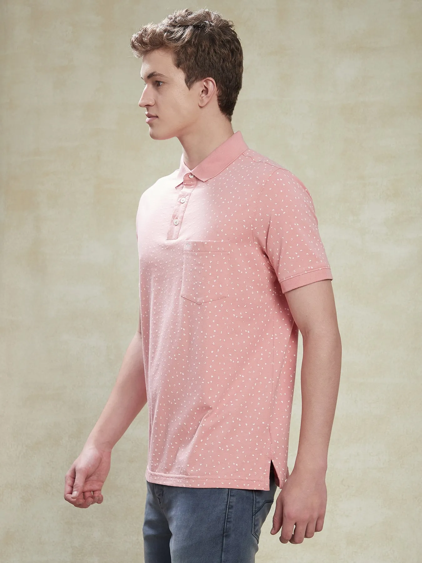 Cotton Stretch Pink POLO Half Sleeve Casual Mens Printed T-Shirt