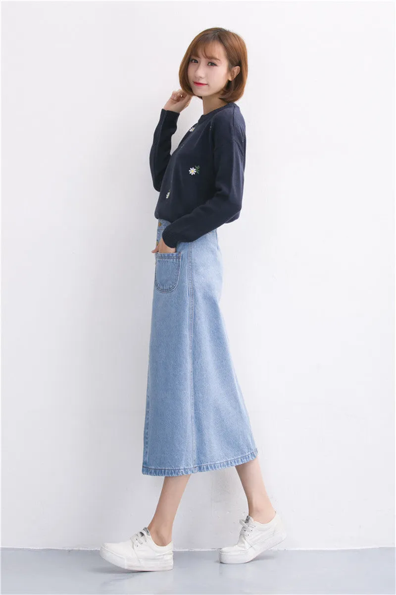 Denim Long Skirt High Waist Jeans Skirts Jeans Feminina Casual A-Line Skirt for Women