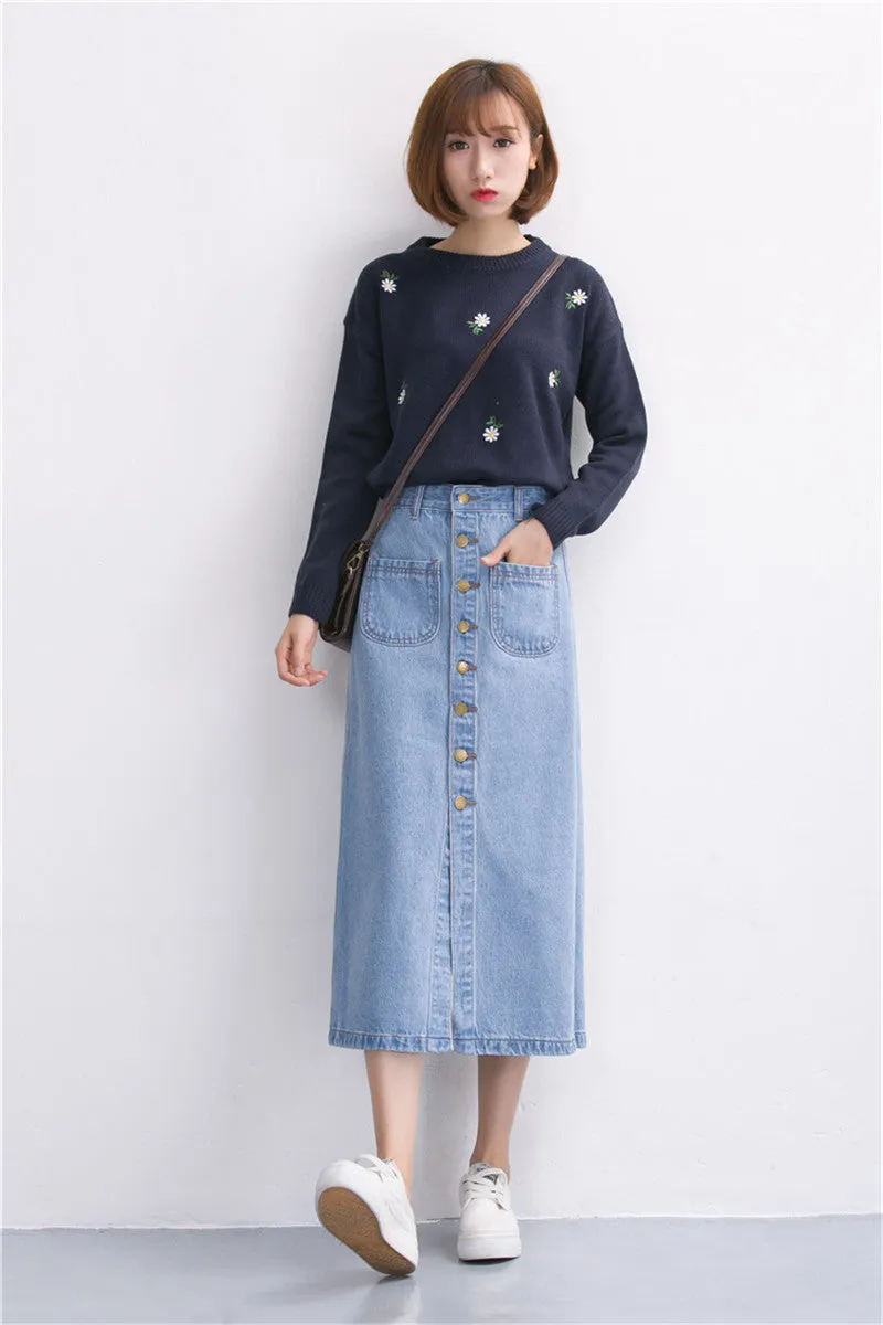 Denim Long Skirt High Waist Jeans Skirts Jeans Feminina Casual A-Line Skirt for Women