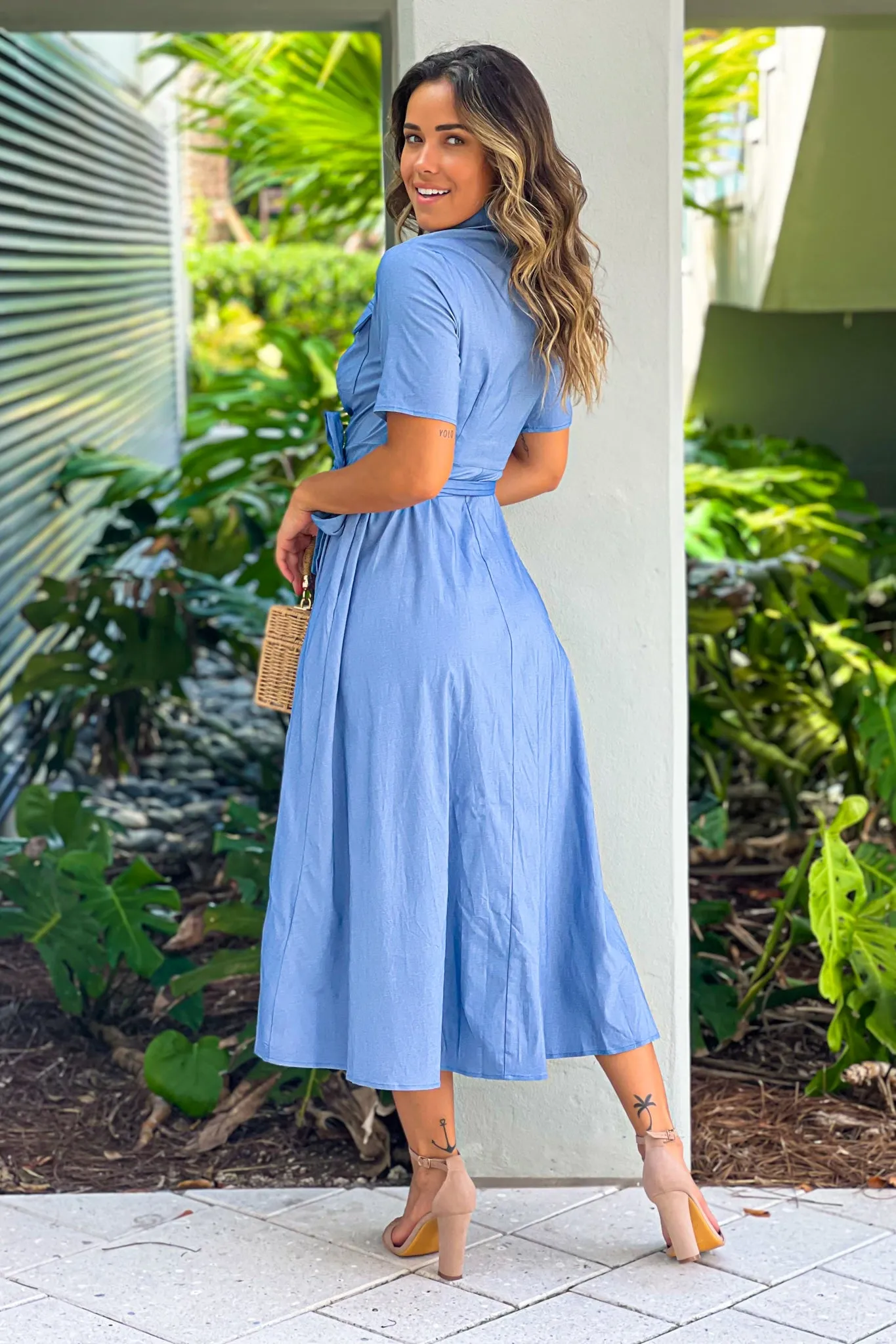 Denim Midi Dress With Pockets