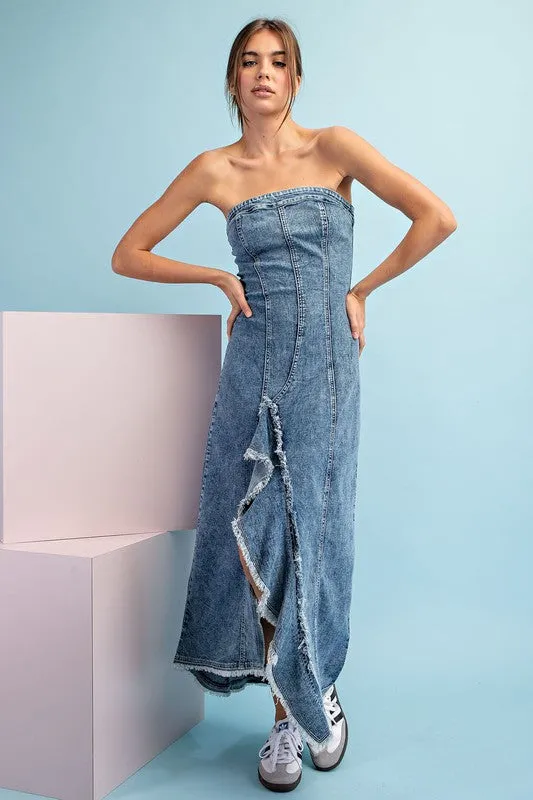 Denim Mineral Washed Frayed Denim Dress