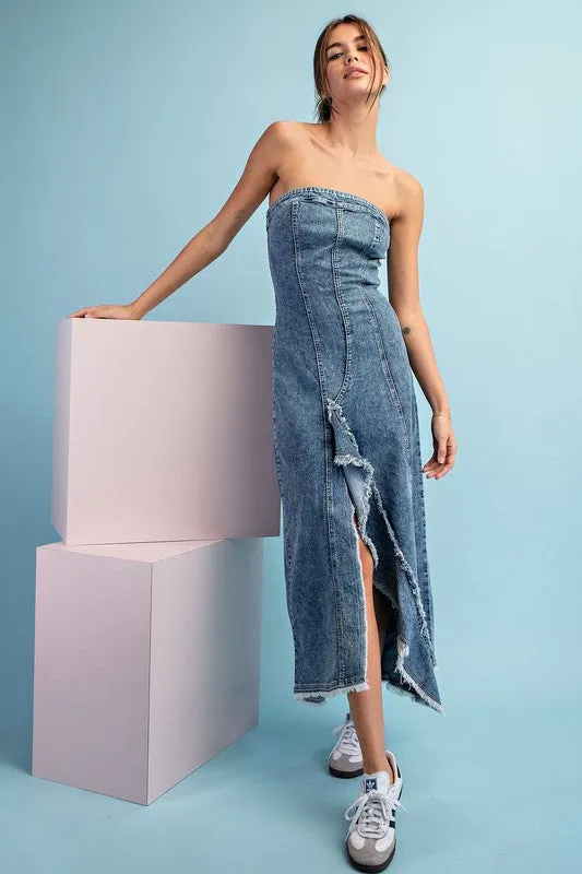 Denim Mineral Washed Frayed Denim Dress