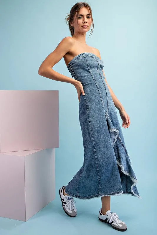 Denim Mineral Washed Frayed Denim Dress