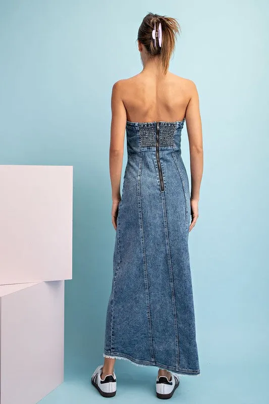 Denim Mineral Washed Frayed Denim Dress