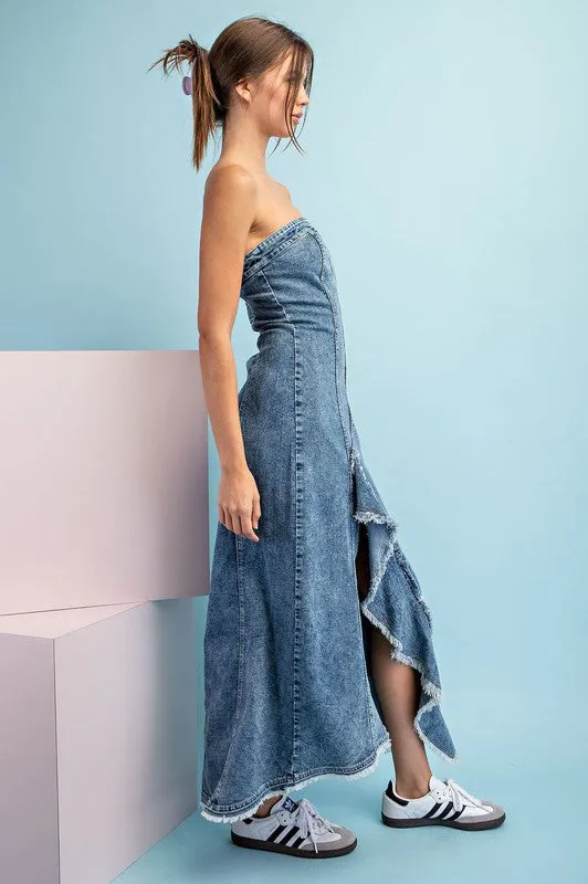 Denim Mineral Washed Frayed Denim Dress