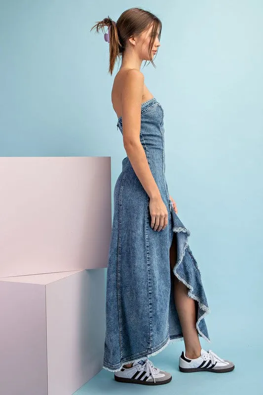 Denim Mineral Washed Frayed Denim Dress