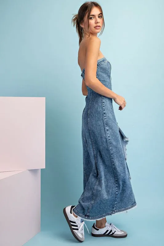 Denim Mineral Washed Frayed Denim Dress