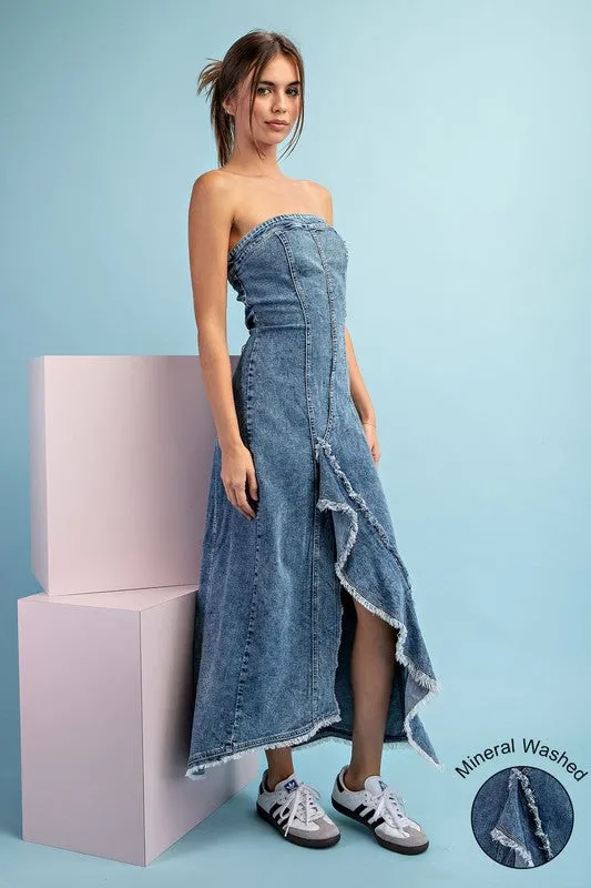 Denim Mineral Washed Frayed Denim Dress