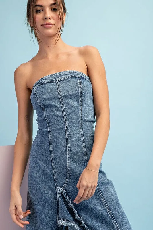 Denim Mineral Washed Frayed Denim Dress