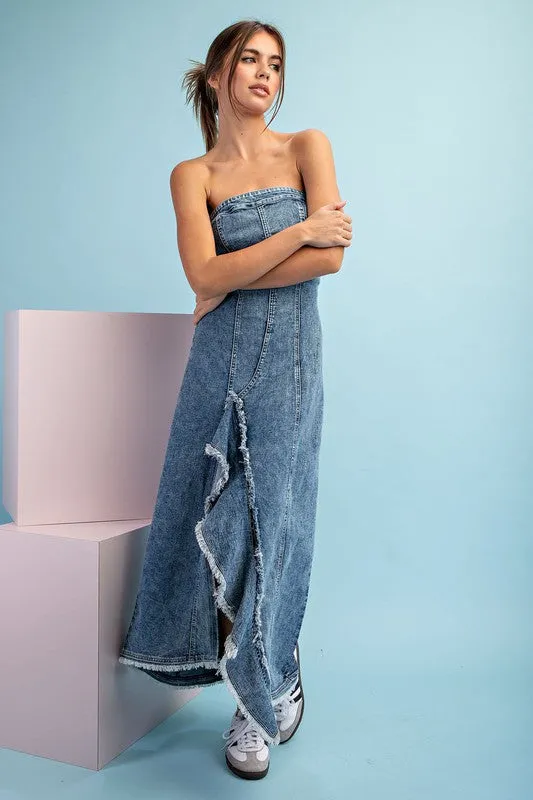 Denim Mineral Washed Frayed Denim Dress