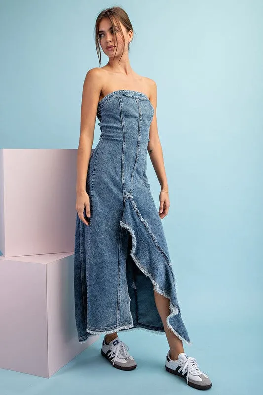 Denim Mineral Washed Frayed Denim Dress