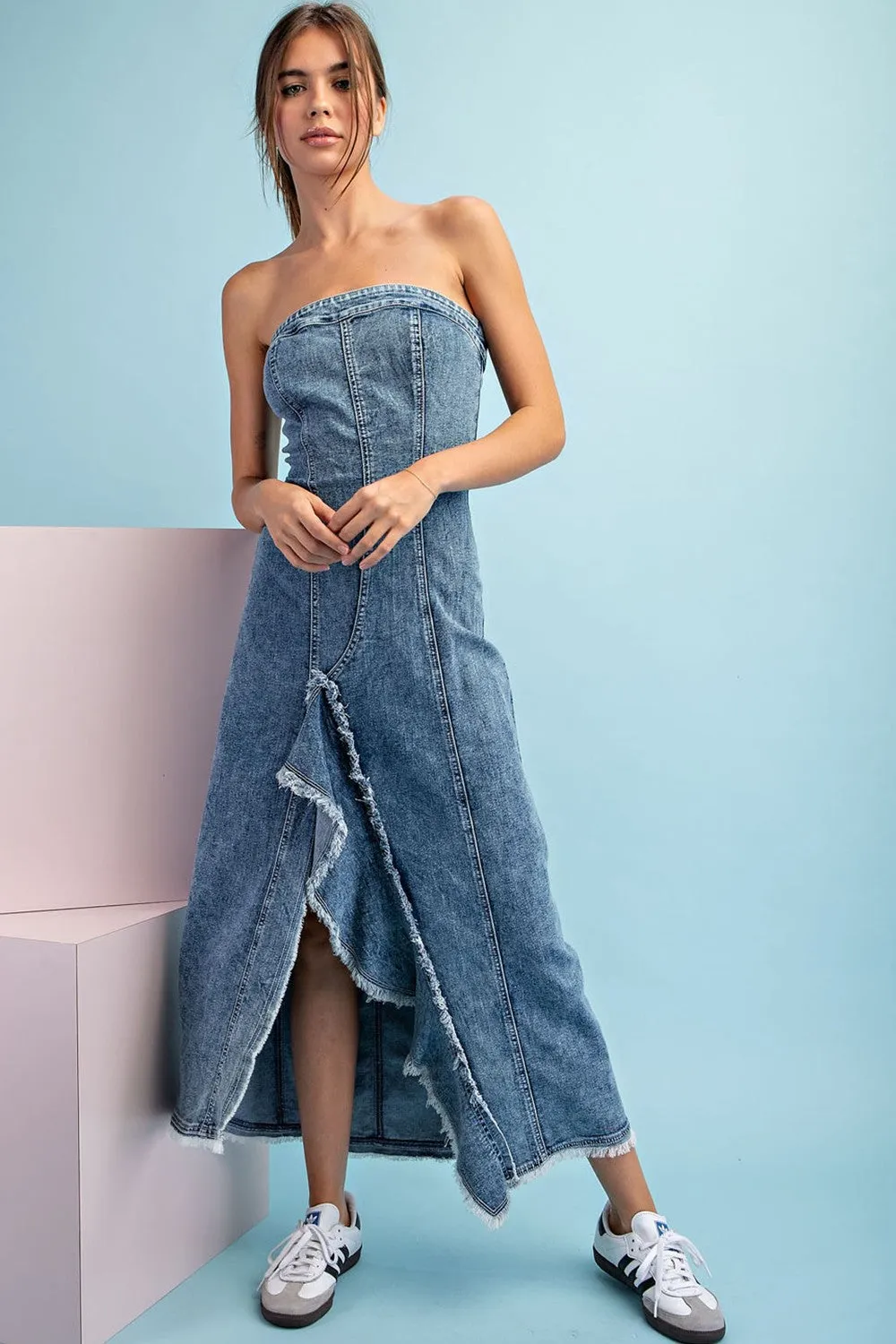 Denim Mineral Washed Frayed Denim Dress