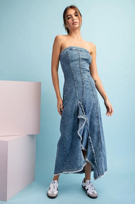 Denim Mineral Washed Frayed Denim Dress