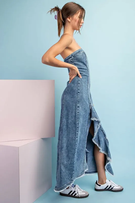 Denim Mineral Washed Frayed Denim Dress