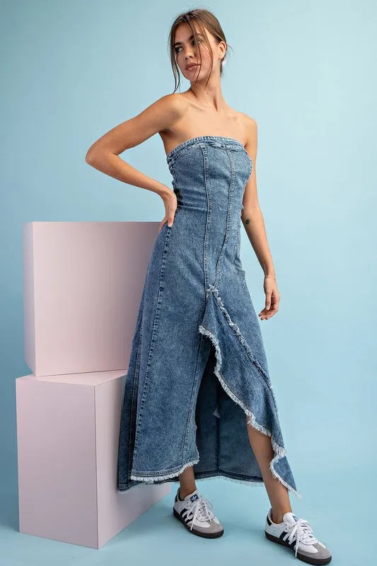 Denim Mineral Washed Frayed Denim Dress