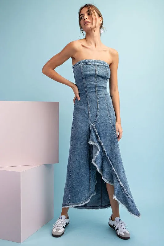 Denim Mineral Washed Frayed Denim Dress