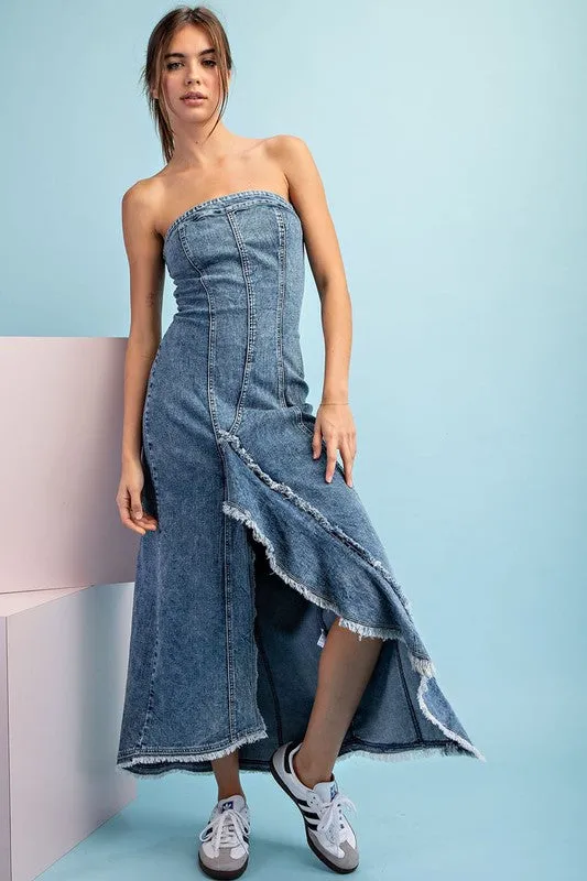 Denim Mineral Washed Frayed Denim Dress