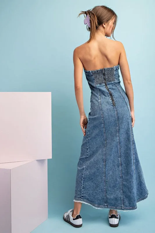 Denim Mineral Washed Frayed Denim Dress