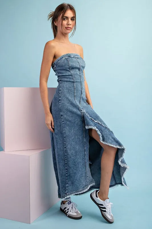 Denim Mineral Washed Frayed Denim Dress