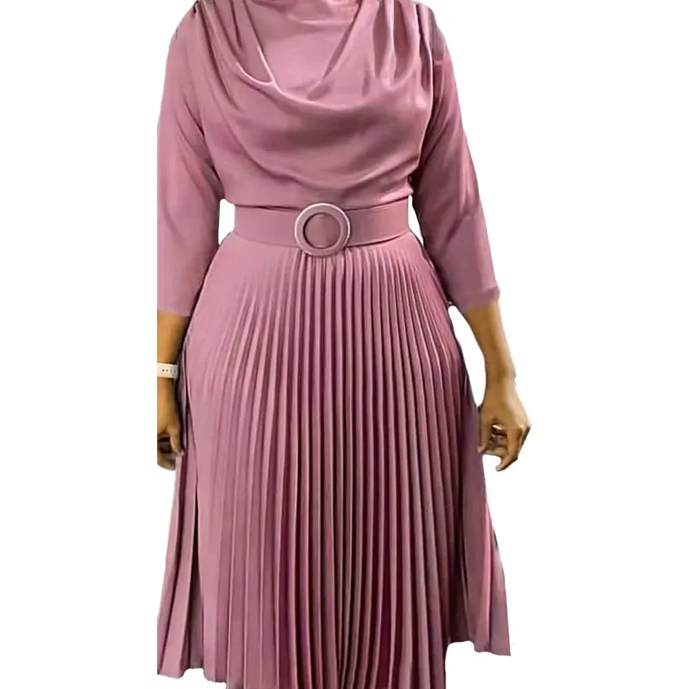 Elegant Office Dress Pleated for Women Professional Round Neck Full Sleeve Belt Waisted Mid Calf Formal Business Work Dress New