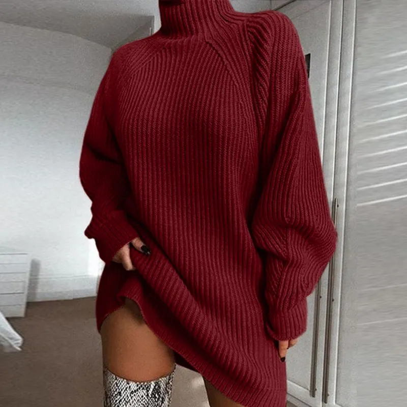 Elegant Vintage Turtle-Neck Sweater Dress