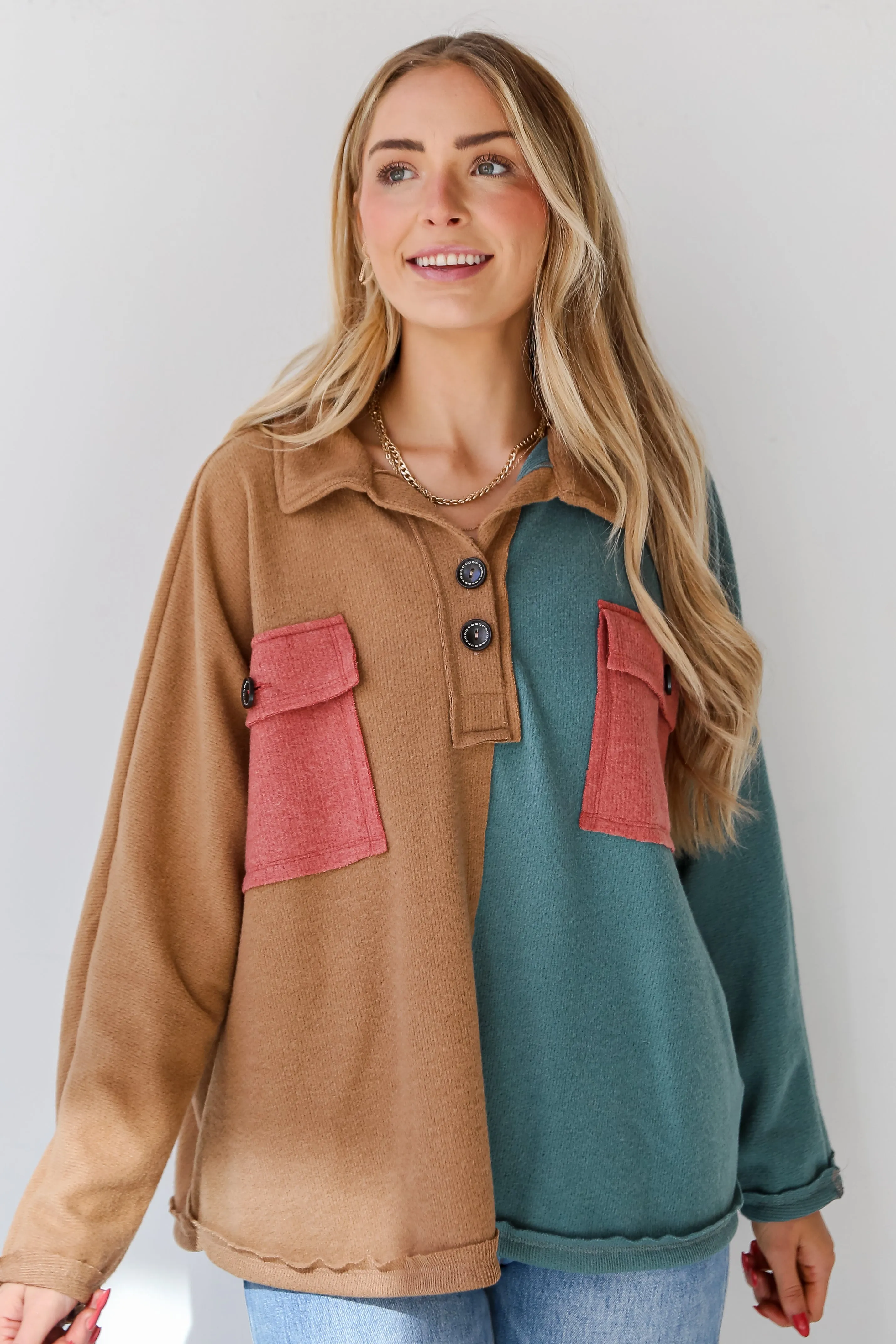 FINAL SALE - Seasonal Sight Color Block Oversized Henley Top