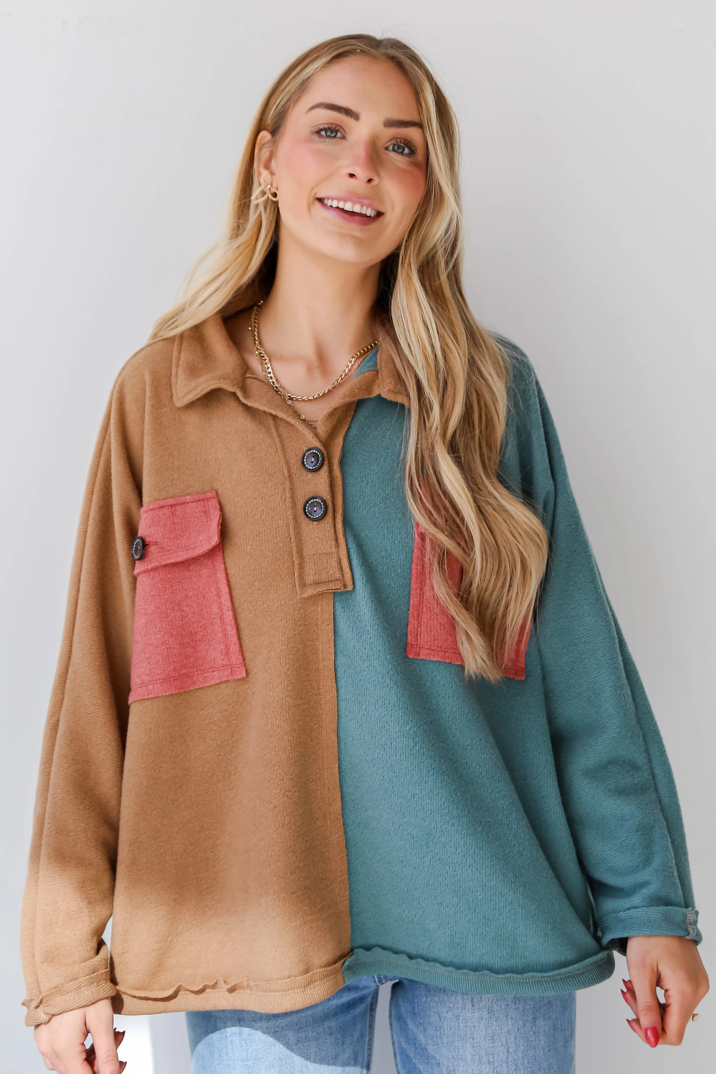 FINAL SALE - Seasonal Sight Color Block Oversized Henley Top