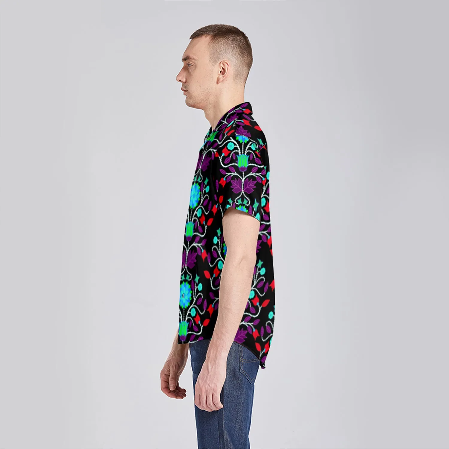 Floral Beadwork Four Clans Button Up Silk Shirt