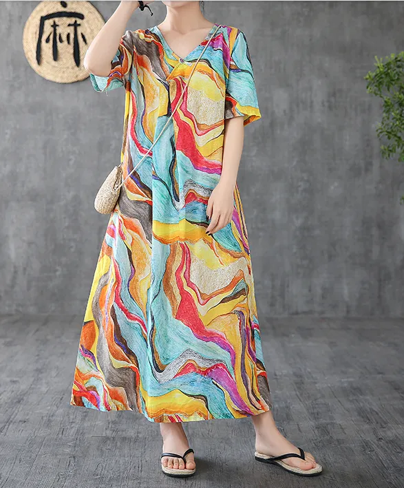 Floral Long Sleeve Summer Spring Cotton Linen Women Dresses DZA20694