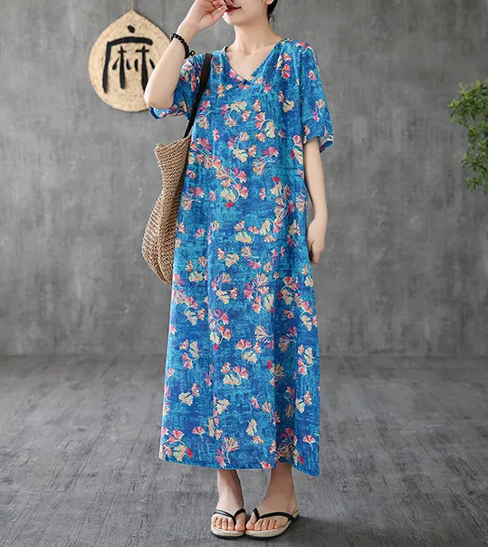 Floral Long Sleeve Summer Spring Cotton Linen Women Dresses DZA20694