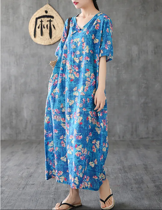 Floral Long Sleeve Summer Spring Cotton Linen Women Dresses DZA20694